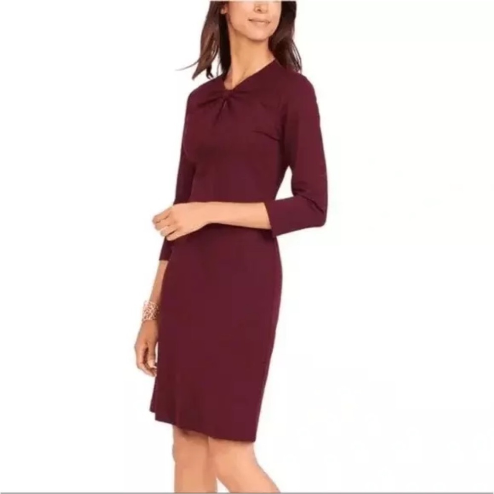 J. McLaughlin Size XS Burgundy 3/4 Sleeve Isabel Knot Front Sheath Dress Bow